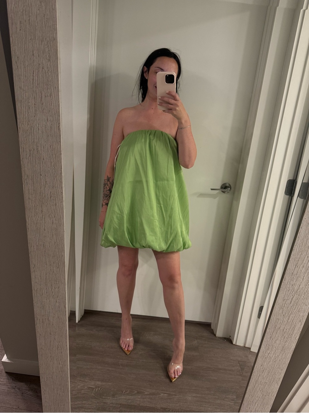 Show Me Your MuMu Strapless Bubble-Hem Mini Dress in Lime